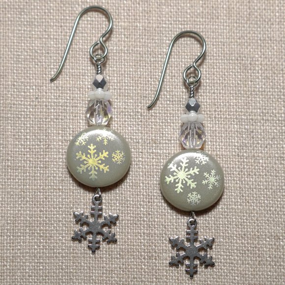 Hand Crafted Handmade Earrings Czech Glass & Stainless Steel Snowflake E… - Picture 1 of 5